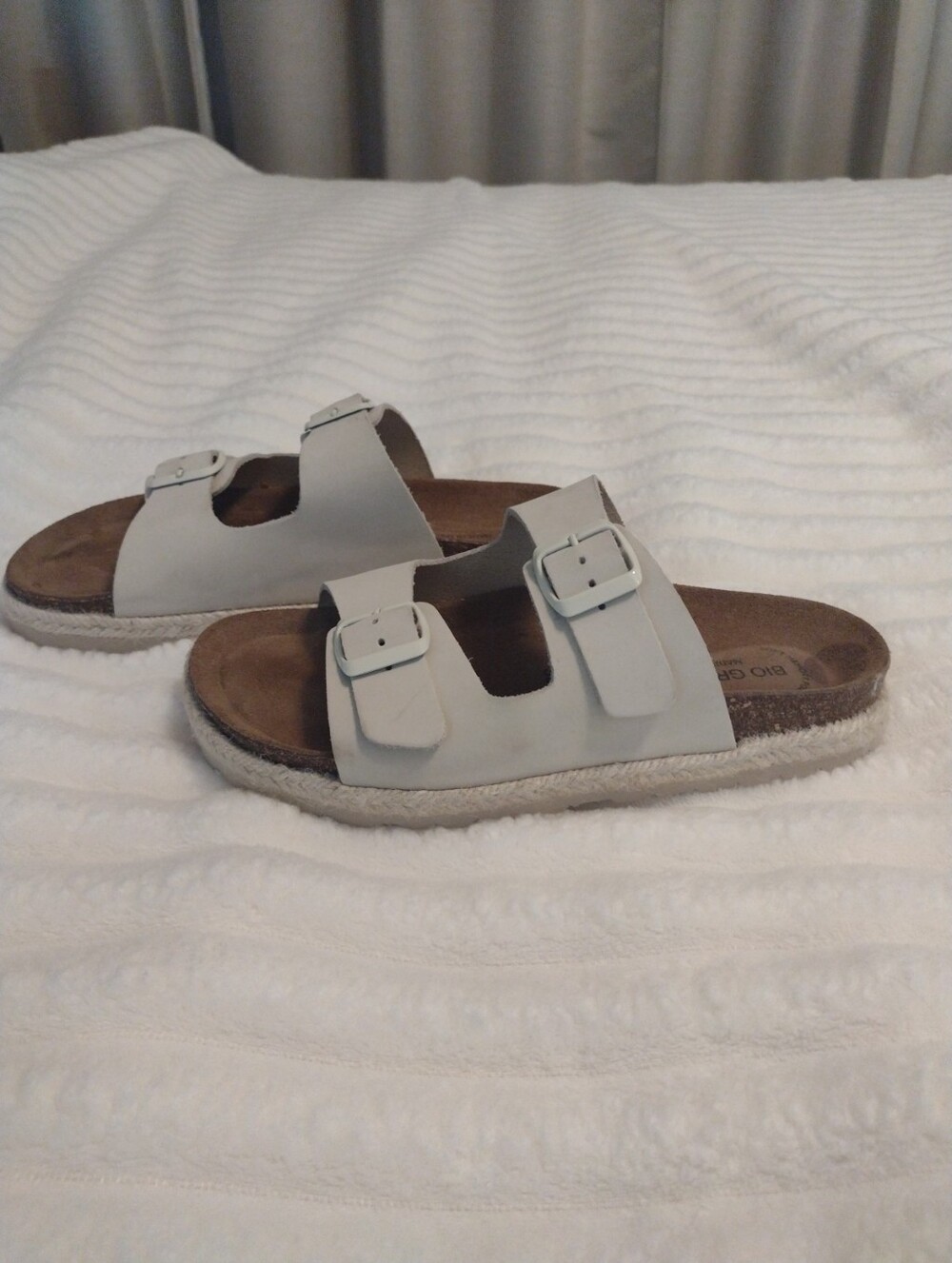 Bio Green Sandals Women 8 Ivory Genuine Leather Double Strap Buckle Slide Jute
